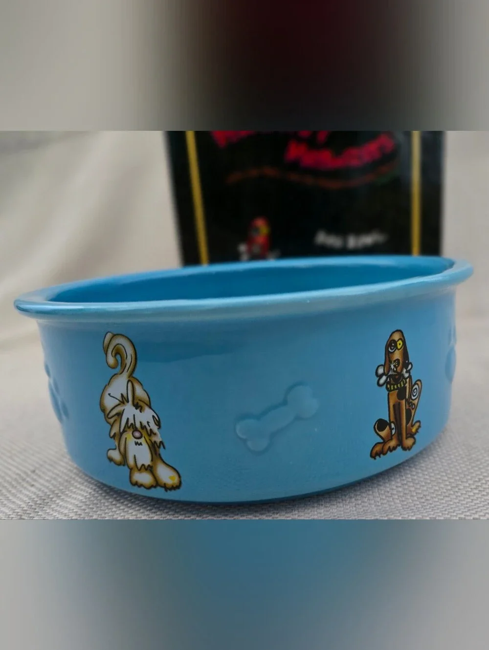 Vintage Bowzers & Meowzers Ceramic Dog Bowl by Artist Debby Carman For RUSS